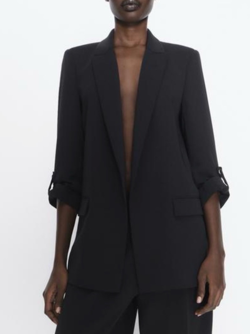 Zara Tailored Blazer Longline Jacket Relaxed Silhouette Open Front 3/4 Sleeves M